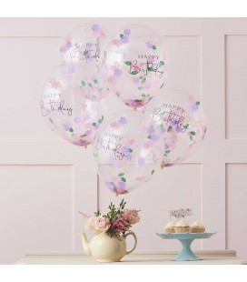 5 Ballons Confettis Floraux Happy birthday