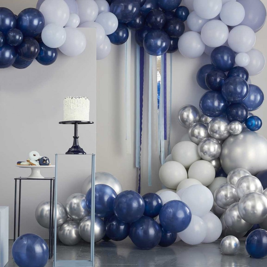 Arche de Ballons Argent, Bleu marine & Bleu clair (Kit luxe)