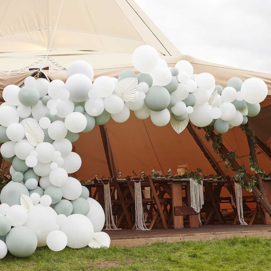 Luxe Sage & White Balloon Arch with White Fans