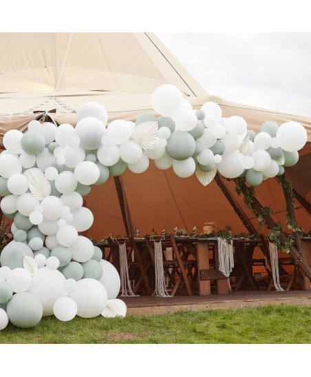 Luxe Sage & White Balloon Arch with White Fans