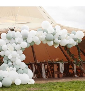 Luxe Sage & White Balloon Arch with White Fans