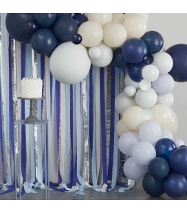 Toile de Fond Banderoles & Arche de Ballons en Bleu, Crême & Argent