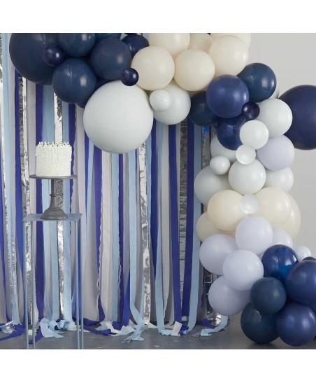 Toile de Fond Banderoles & Arche de Ballons en Bleu, Crême & Argent