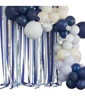 Luftschlangen & Luftballonbogen-Hintergrund in Blau, Creme und Silber