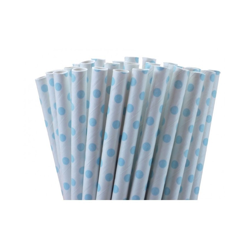 25 Light Blue Polka Dots Paper Straws
