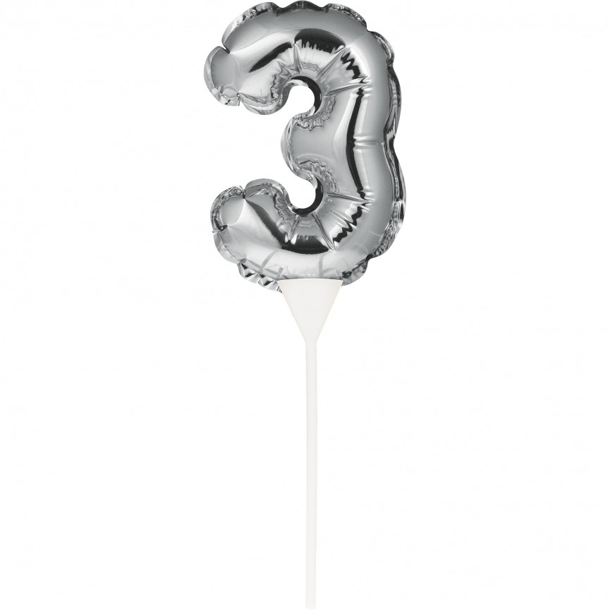 Silberner Cake Topper Miniluftballon Ziffer 3