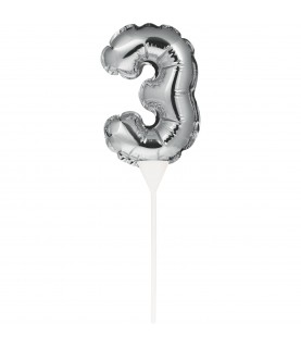 Silberner Cake Topper Miniluftballon Ziffer 3