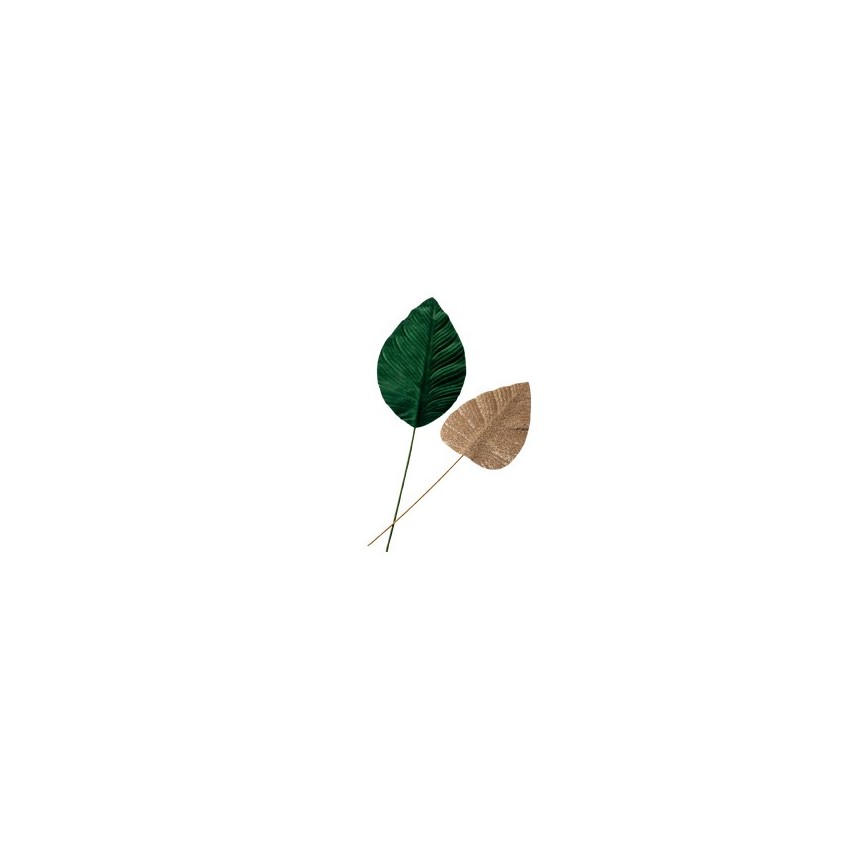 2 Feuilles de Magnolia Vert Velours & Or Pailletté L