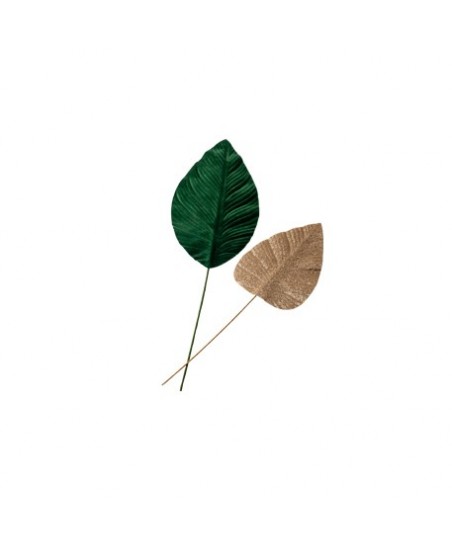 2 Feuilles de Magnolia Vert Velours & Or Pailletté L