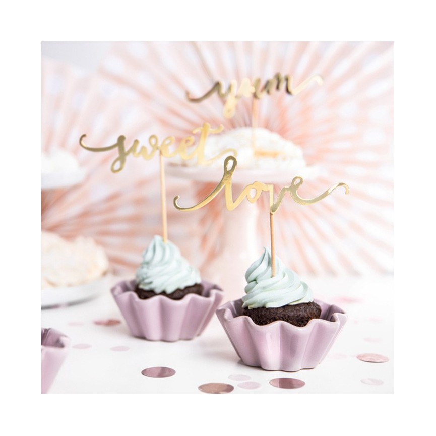 6 Cupcake Toppers Love Yum Sweet Gold