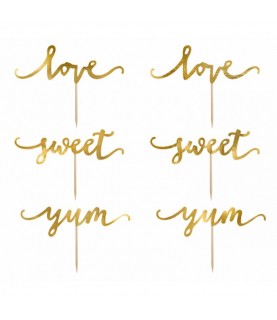 6 Cupcake Toppers Love Yum Sweet Gold